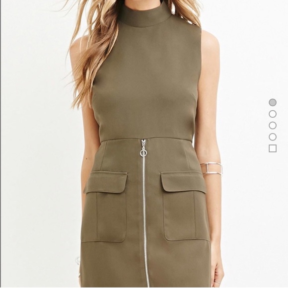 2/$15 Forever 21 olive green sleeveless mock neck  mini dress with zipper detail - Picture 1 of 4